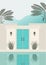 Exotic resort landscape, luxury villa minimalist architecture poster. Exotic palms, sea