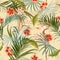 Exotic Retro vintage tropical wild forest with palm trees ,flowers,leaves,foliage seamless pattern in vector suits for