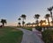 Exotic road to paradise. Sunset over green grass and palm trees in Cyprus