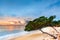 Exotic seascape with sea grape trees leaning above a sandy Caribbean beach