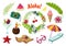 Exotic stickers. Summer party tropical collection of doodle fruits leaves cocktail flamingo, jungle vacation abstract