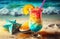 Exotic summer drink and beach coctail, blur sandy beach background. Copy space for text