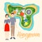 Exotic summer vacation flat vector illustration. Young couple on honeymoon. Newly husband and wife plan travelling to