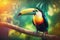 Exotic toucan bird in tropical forest, bright animal in jungle close-up, generative AI