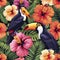 Exotic Toucans Amongst Lush Hibiscus Flowers Illustration