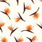 Exotic tropical bright orange flowers isolated on beige background. Strelitzia bird of paradise foliage seamless pattern