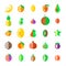 Exotic tropical fresh fruits flat style vector icons set