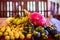 Exotic tropical fruits on wooden background, healthy food, vegetarian diet