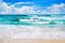 Exotic tropical paradise island beach, turquoise sea water, ocean waves, sand, sun, blue sky white clouds, beautiful tropic nature