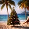 Exotic tropical summer Christmas holiday with Christmas tree on beach