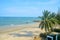 Exotic tropical vibrant coastal waterscape with palm trees in a blue sky over ocean water. Thailand