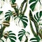 Exotic white monstera leaves , tropical seamless pattern on white background.