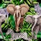 Exotic zebra and elephant wild animals pattern in a watercolor style.