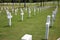 Expanse of solemn crosses in a green field of the memorial cemetery of American soldiers who died in the Second World War