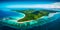 expansive aerial view of a tropical island paradise, with pristine white sandy beaches, turquoise waters teeming with