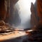 an expansive alien canyon filled with luminous mist and mysterious sounds trending on artstation