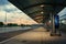 An expansive bus stop near the airport stands void of waiting passengers