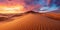 An expansive desert landscape at sunset, vivid colors in the sky. Resplendent.
