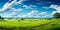 Expansive lush green field under a vibrant blue sky with fluffy white clouds surrounded by a line of trees on the horizon