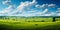 Expansive lush green field under a vibrant blue sky with fluffy white clouds surrounded by a line of trees on the horizon