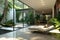 expansive modern hallway with floor-to-ceiling glass walls revealing a lush outdoor landscape, complemented by a