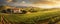 expansive panoramic shot of a sun-drenched vineyard in the countryside, with rows of grapevines, a charming winery panorama