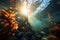 An expansive underwater shot of a vibrant kelp forest, showcasing the towering kelp plants and the diverse marine life that