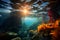 An expansive underwater shot of a vibrant kelp forest, showcasing the towering kelp plants and the diverse marine life that