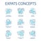 Expats blue concept icons set
