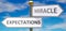 Expectations and miracle as different choices in life - pictured as words Expectations, miracle on road signs pointing at opposite