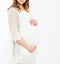 Expecting the birth of a child concept,cropped image of pregnant woman on white background