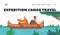 Expedition Canoe Travel Landing Page Template. Happy Indigenous Indian American Kids Rowing on Kayak by River