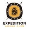 Expedition Hiking Club logo, retro camping adventure emblem design with a conifer cone and matches. Unusual vintage art