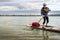 Expedition stand up paddleboard on lake