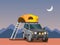 Expedition with suv car, auto camping tent, tent on the roof of the car, adventure trip, flat vector illustration