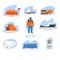 Expedition to the Arctic set, polar explorer, research station, snowmobile, ice breaker, crossroad direction post vector
