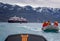 Expedition zodiacs taking passengers from Hurtigrutens MS Fridtjof Nansen to view glacier in Kvanefjord, Greenland