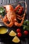 Expensive food: spiny boiled lobster with fresh tomato, lemon an