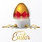 Expensive gift golden 3D egg with red ribbon from box present for easter