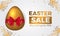 Expensive luxury 3D golden egg with red ribbon for easter sale offer banner