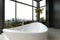 Expensive luxury bathtub against panoramic window with cityscape view