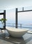 Expensive luxury bathtub against panoramic window with seascape view