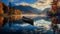 Experience autumn\\\'s vibrant hues mirrored in a serene mountain lake. A lone canoe disrupts the reflection..Generative AI