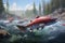 Experience the awe-inspiring sight of a salmon defying gravity as it leaps out of the water in this captivating nature artwork.,