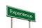 Experience concept green destination signboard road sign, white text frame and background, grey pole posts, isolated large