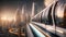 Experience a high-speed train journey through a futuristic city skyline featuring tall buildings, Animation of futuristic city