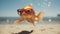 Experience the intensity of an goldfish leaping onto the beach in a stunning close-up photo, Ai Generated