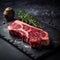 Experience the richness of Japanese cuisine with this stunning top view of a raw wagyu A5 steak on a slate with salt, AI