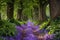 Experience the tranquility of this serene path, meandering through a lush forest adorned with vibrant purple flowers, A