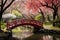 Experience tranquility and serenity as you traverse the picturesque red bridge over a small pond in this beautiful park, A